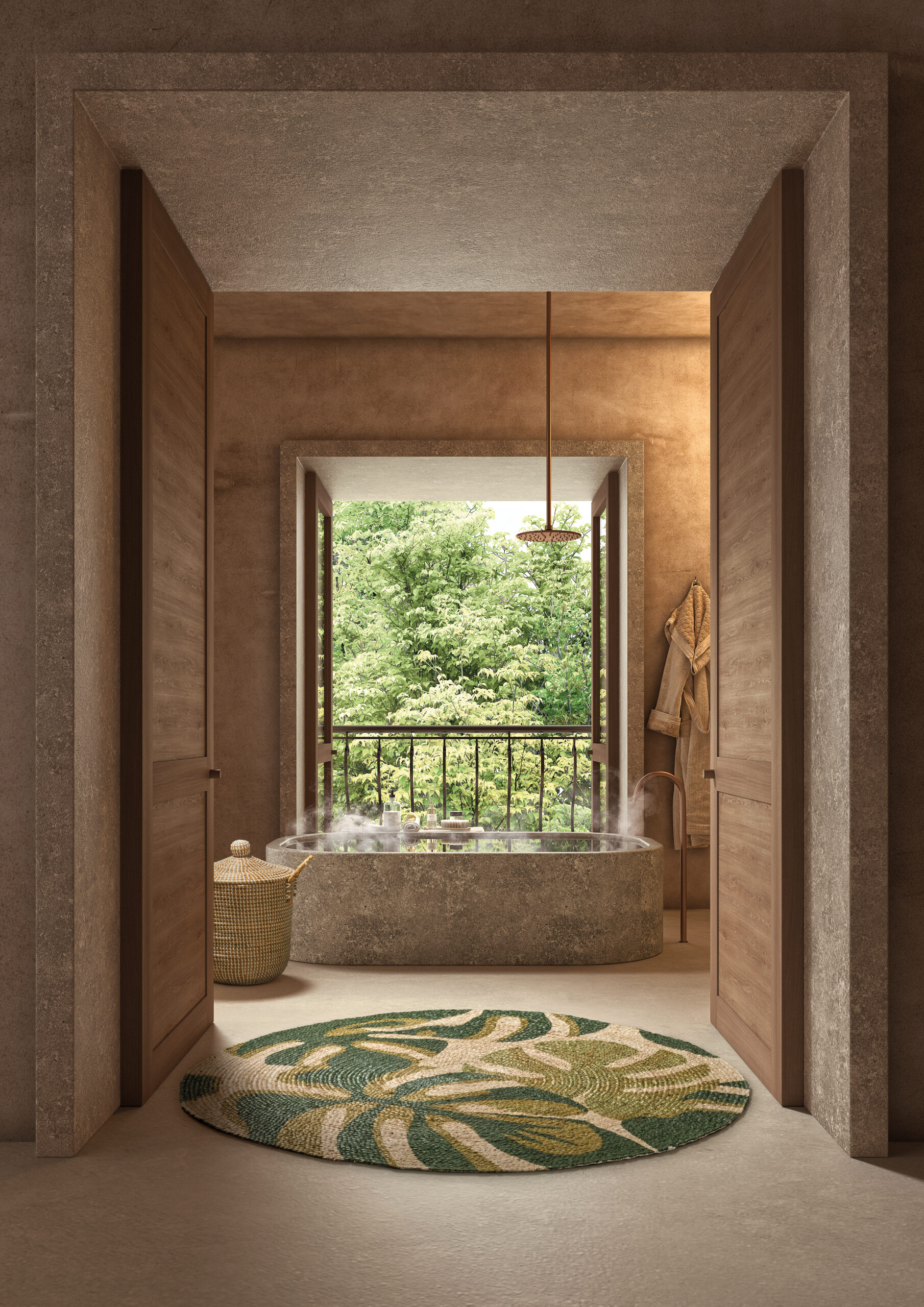 Adamello Tappeti - Tappeto in fibre natuali ambientato 0024 Ambientazione di un tappeto in fibre natuali chiaro all'interno di un bagno con una vasca in pietra e una finestra sullo sfondo - eleganza suggestiva