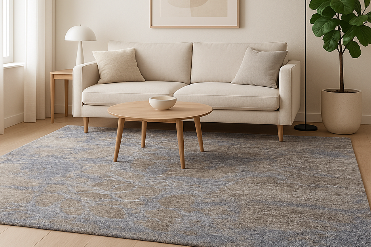 Tappeto moderno di Adamello Tappeti posto sotto un divano bianco in un salotto