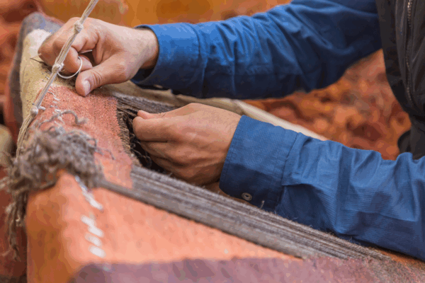 Riparazione a mano di un tappeto usurato