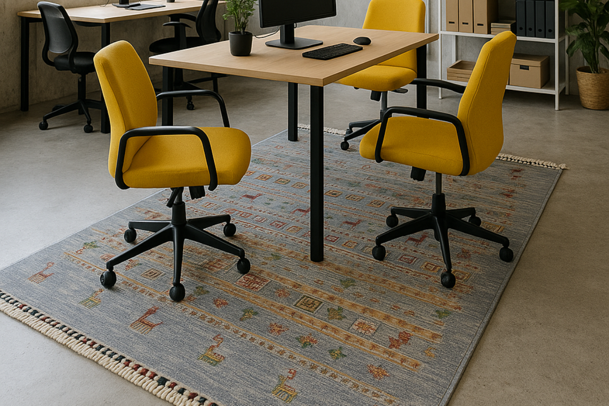 Slider ambienti Adamello Tappeti 1200x800 (3) Ufficio con tappeto moderno di Adamello Tappeti con tavolo grande e sedie gialle