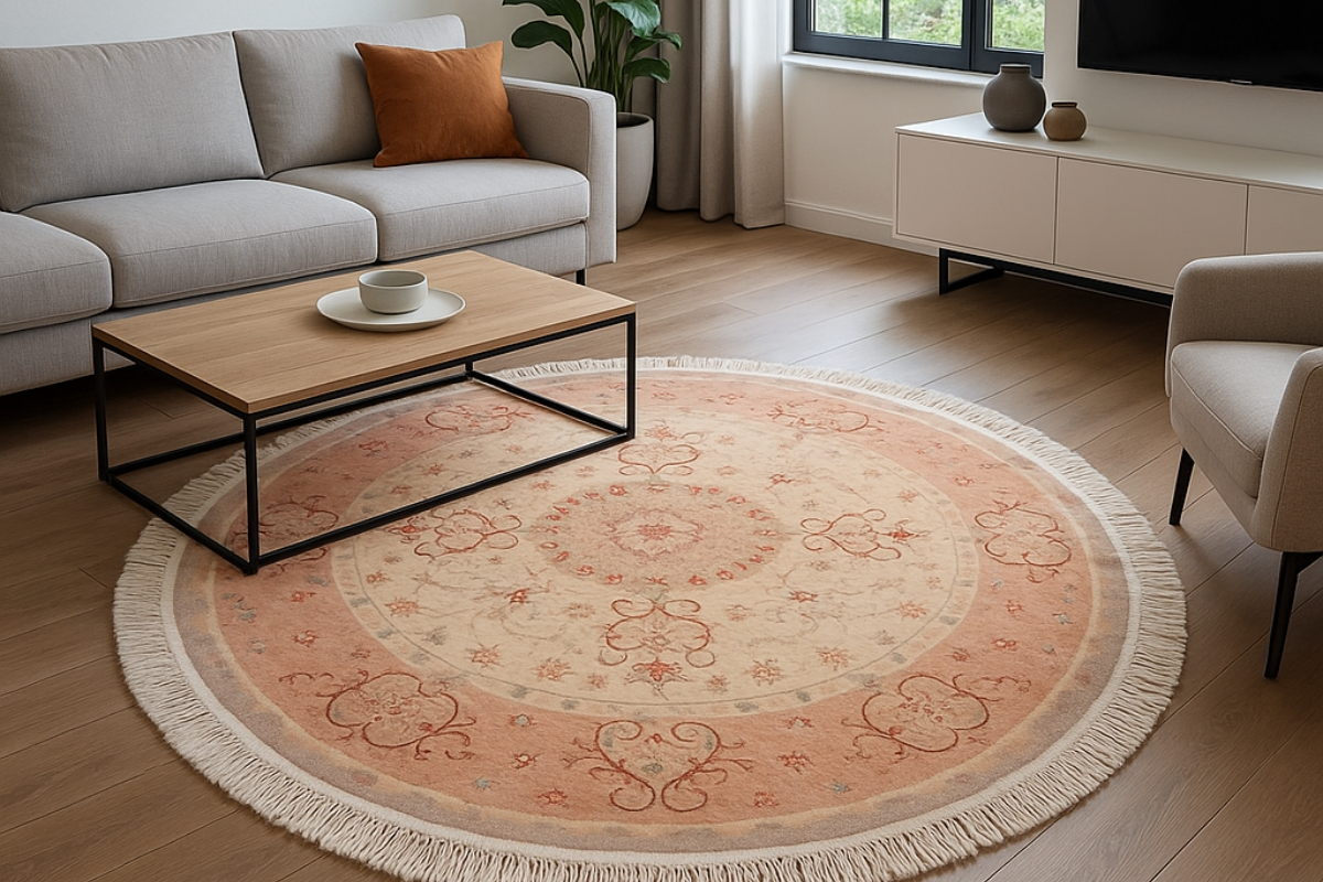 Slider ambienti Adamello Tappeti 1200x800 (5) tappeto rotondo di Adamello Tappeti in un salotto con divani e tavolino con tazza da caffè