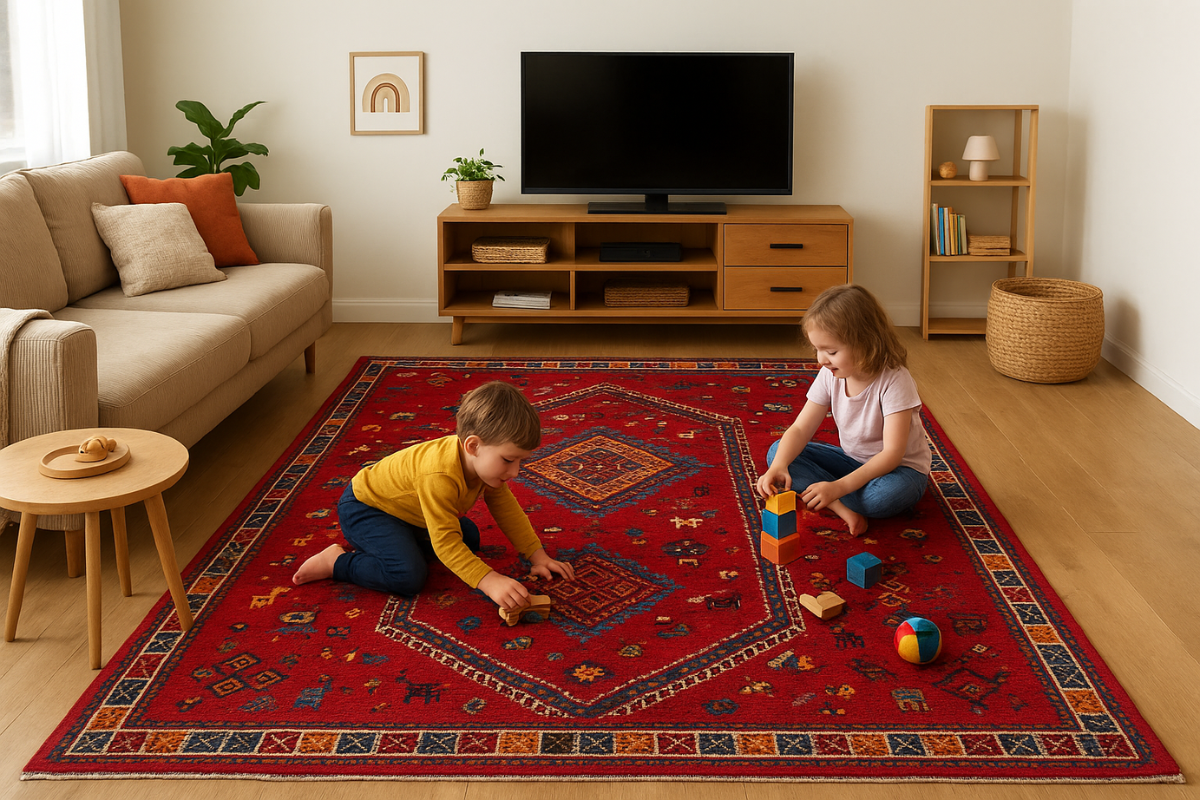 ambientazione tappeto classico in salotto con bimbi bambini che giocano su un tappeto di Adamello Tappeti all'interno di un soggiorno con divano e televisione