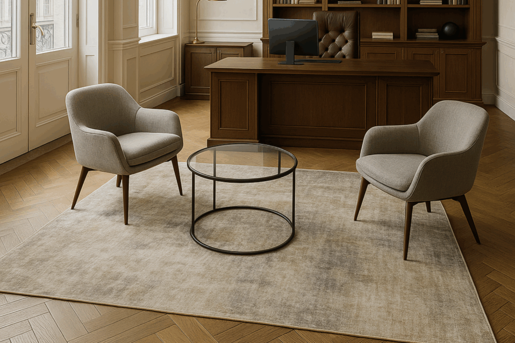 ambientazione tappeto ufficio Adamello Tappeti ufficio con sedie moderne grigie e scrivania marrone. Al centro della stanza un tappeto moderno di Adamello Tappeti