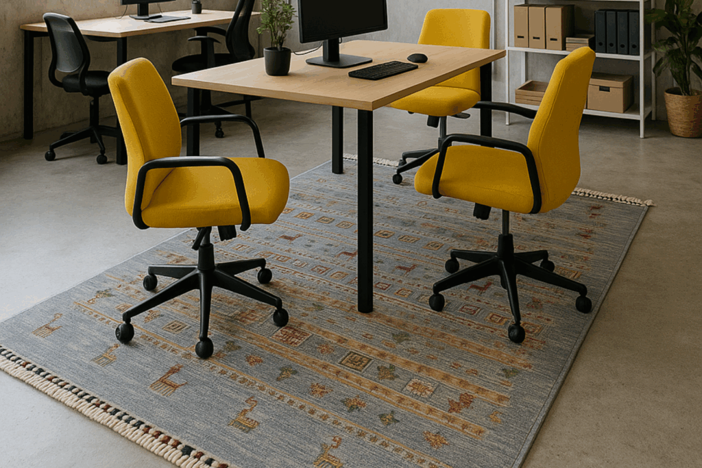 ambientazione ufficio Adamello Tappeti Ufficio con tappeto moderno di Adamello Tappeti con tavolo grande e sedie gialle