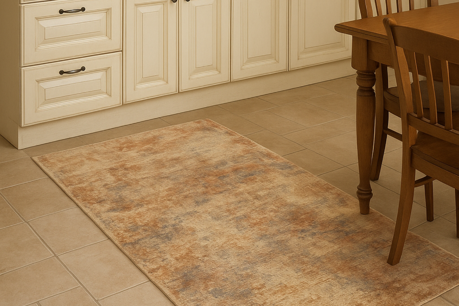 immagine ambientazione sala da pranzo tappeto contemporaneo di Adamello Tappeti in una cucina, tra tavolo in legno e mobile cucina avorio