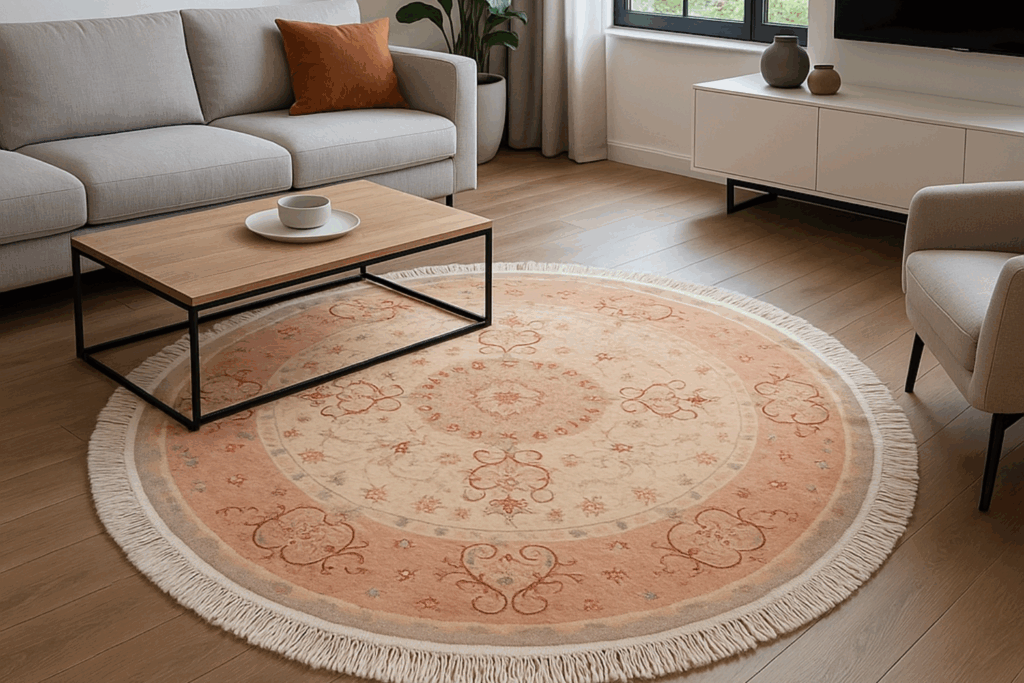 ambientazione tappeto rotondo in salotto tappeto rotondo di Adamello Tappeti in un salotto con divani e tavolino con tazza da caffè