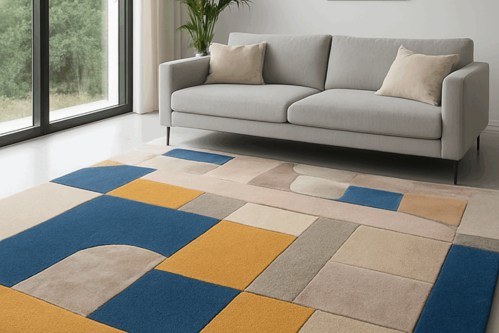 ambientazione tappeto in soggiorno tappeto moderno in un soggiorno con divano grigio e cuscini e finestra a vetri