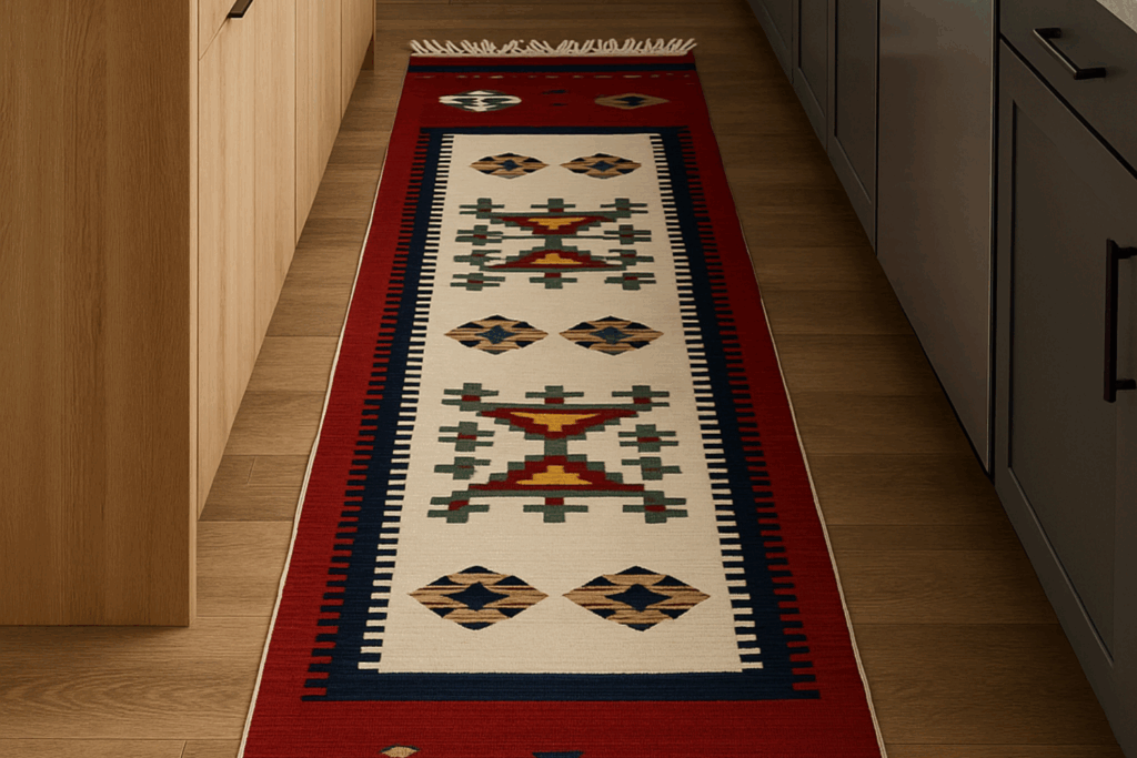 ambientazione passatoia in cucina passatoia kilim in una cucina con arredamento moderno color nocciola