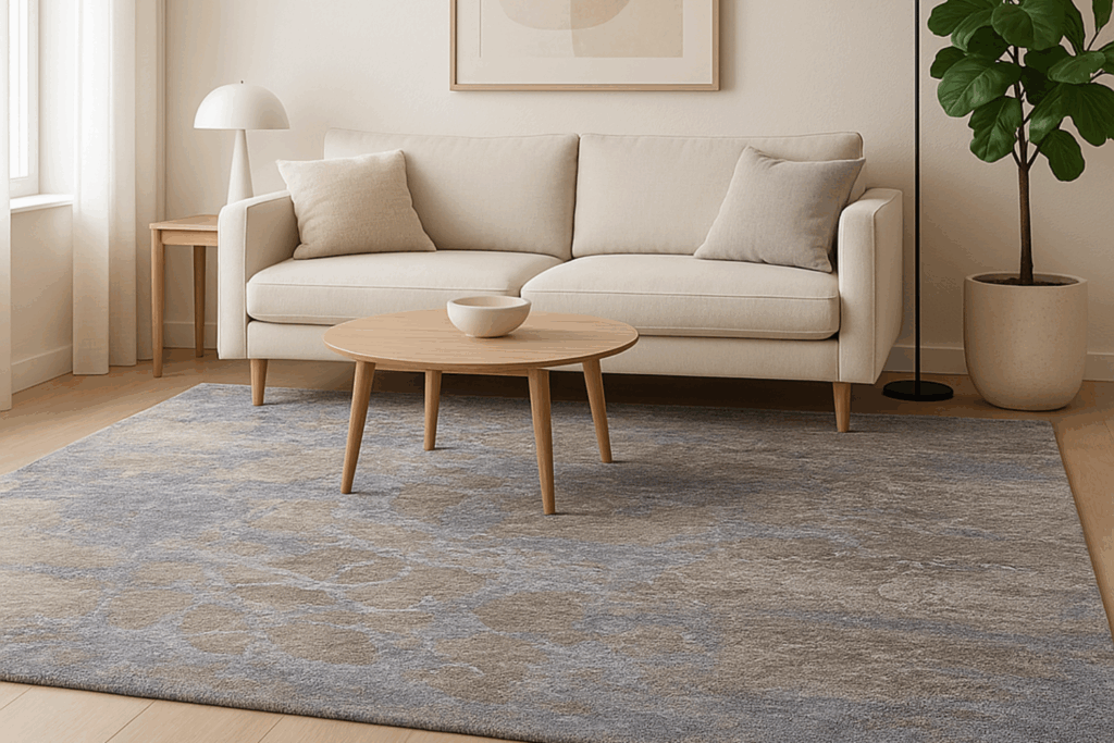 tappeto moderno di Adamello Tappeti in un soggiorno, posto sotto un divano bianco