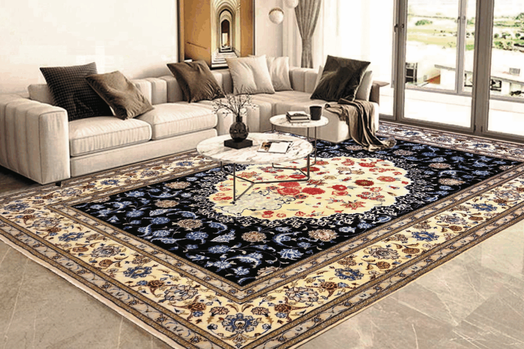 tappeto con decori di Adamello Tappeti sui toni del blu e beige, inserito in un salotto con divano ad angolo e cuscini, dietro presente una vetrata e un quadro