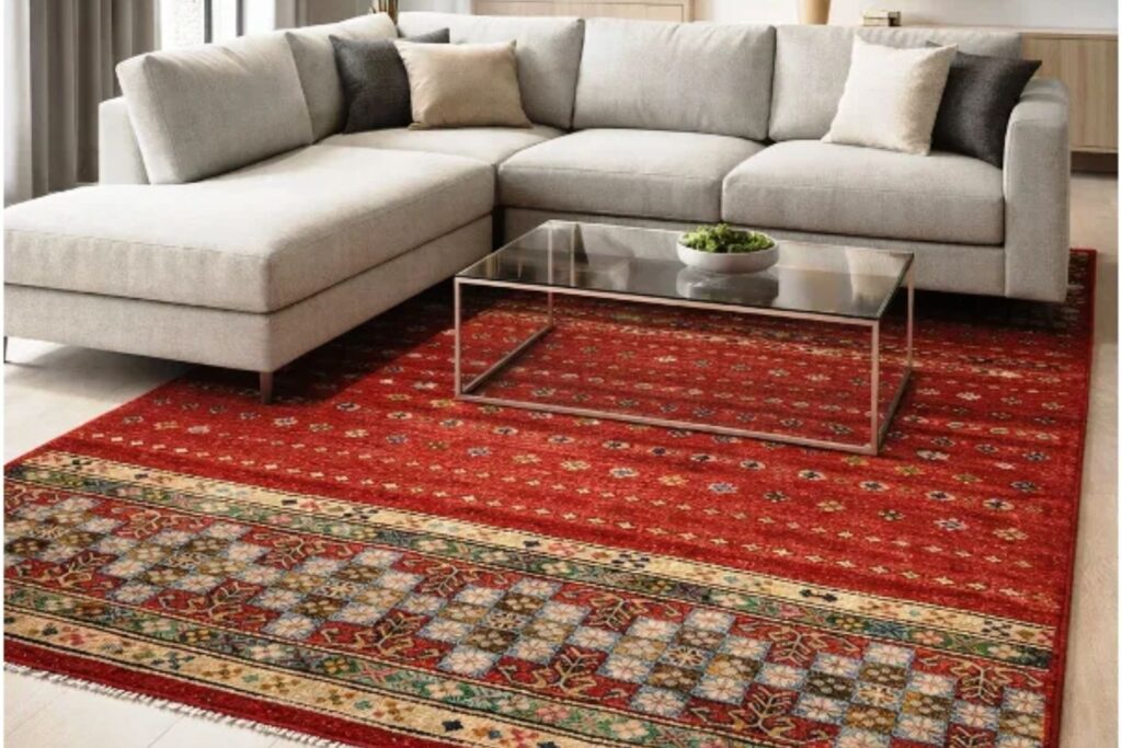 Salotto con tappeto Khorjin, rosso divano e tavolino