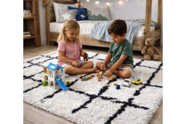 Bimbi che giocano su tappeto berbero di Adamello Tappeti anallergico