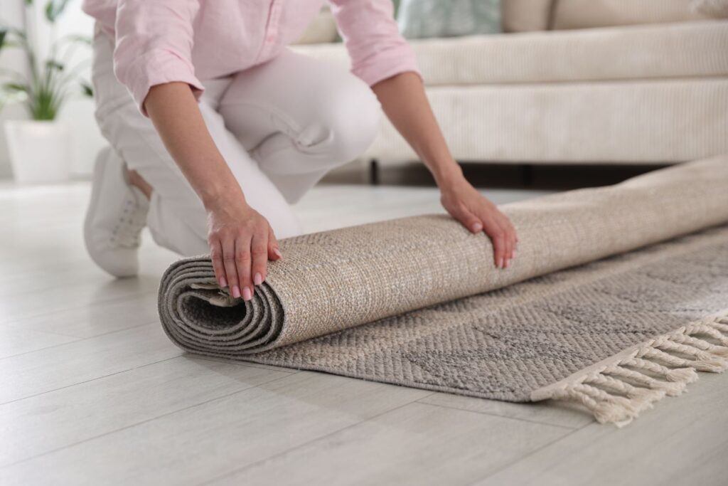 Persona che sta arrotolando il tappeto per riporlo durante la stagione estiva. Tappeto di colore beige e grigio